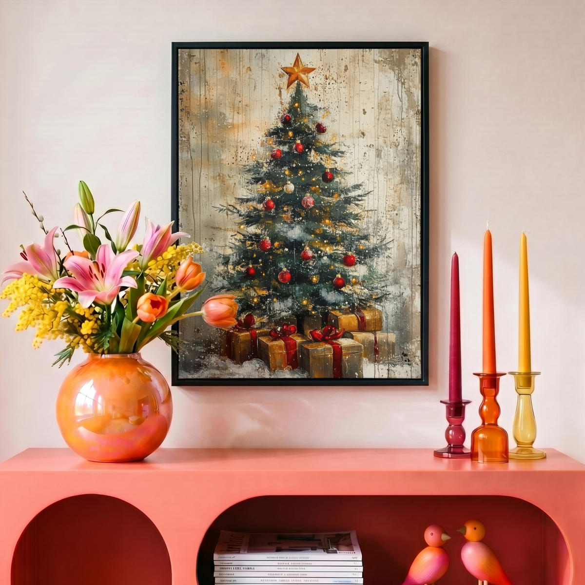 LEINWAND Bilder mit Rahmen - Weihnachtsbaum - Vintage - Weihnachten - Geschenk - 30x40 - Rostfarben, Textil (30/40cm) - MuchoWow