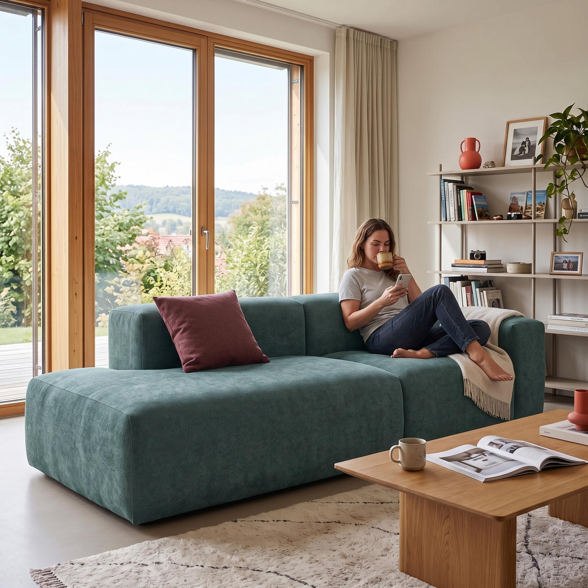 3-SITZER modulares Sofa HEAVEN SET 1 Links, Breite 255 cm Webstoff Dunkelgrün - Dunkelgrün/Schwarz, Holz/Kunststoff (255/71/102cm) - Muffo