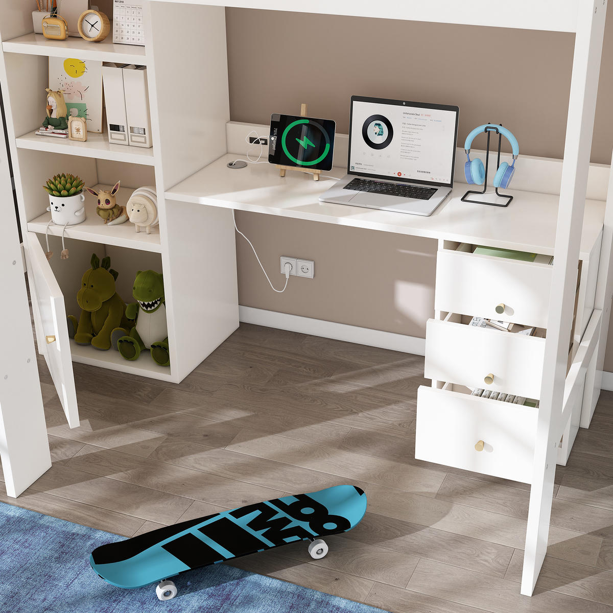 HOCHBETT 90/200 cm in Weiß Kinderbett mit Schreibtisch, Schrank, Schubladen und USB/Type-C - Weiß, Holzwerkstoff (90/200cm) - STILVORA
