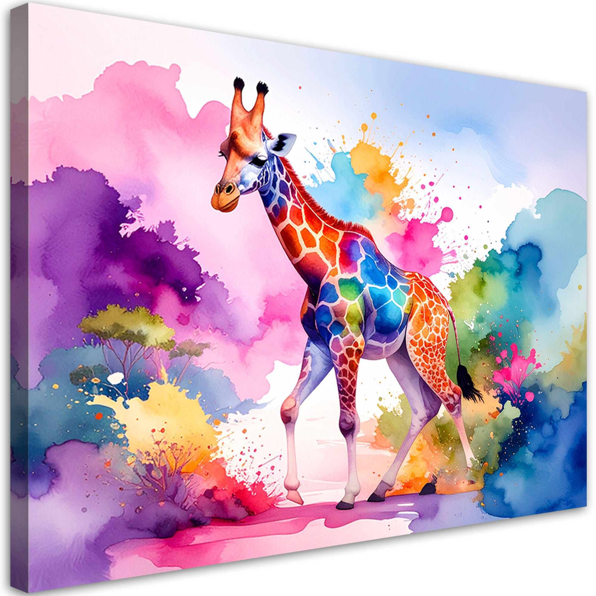 LEINWANDBILD Bunte Giraffe Afrika Aquarell 120x80cm - Multicolor, Textil (120/80cm) - Feeby