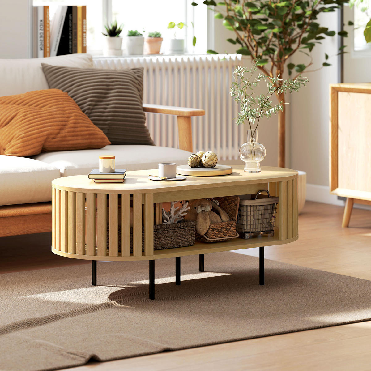 COUCHTISCH DE-15825 Lamellen-Design mit zwei Ablagen Naturholz - Naturfarben, Holzwerkstoff (100/50/40cm) - ComfortXL