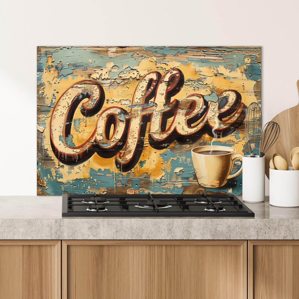 SPRITZSCHUTZ KÜCHE Kaffee - Vintage - Braun - Tasse 90x60 cm - Teakfarben, Metall (90/0.3/60cm) - MuchoWow