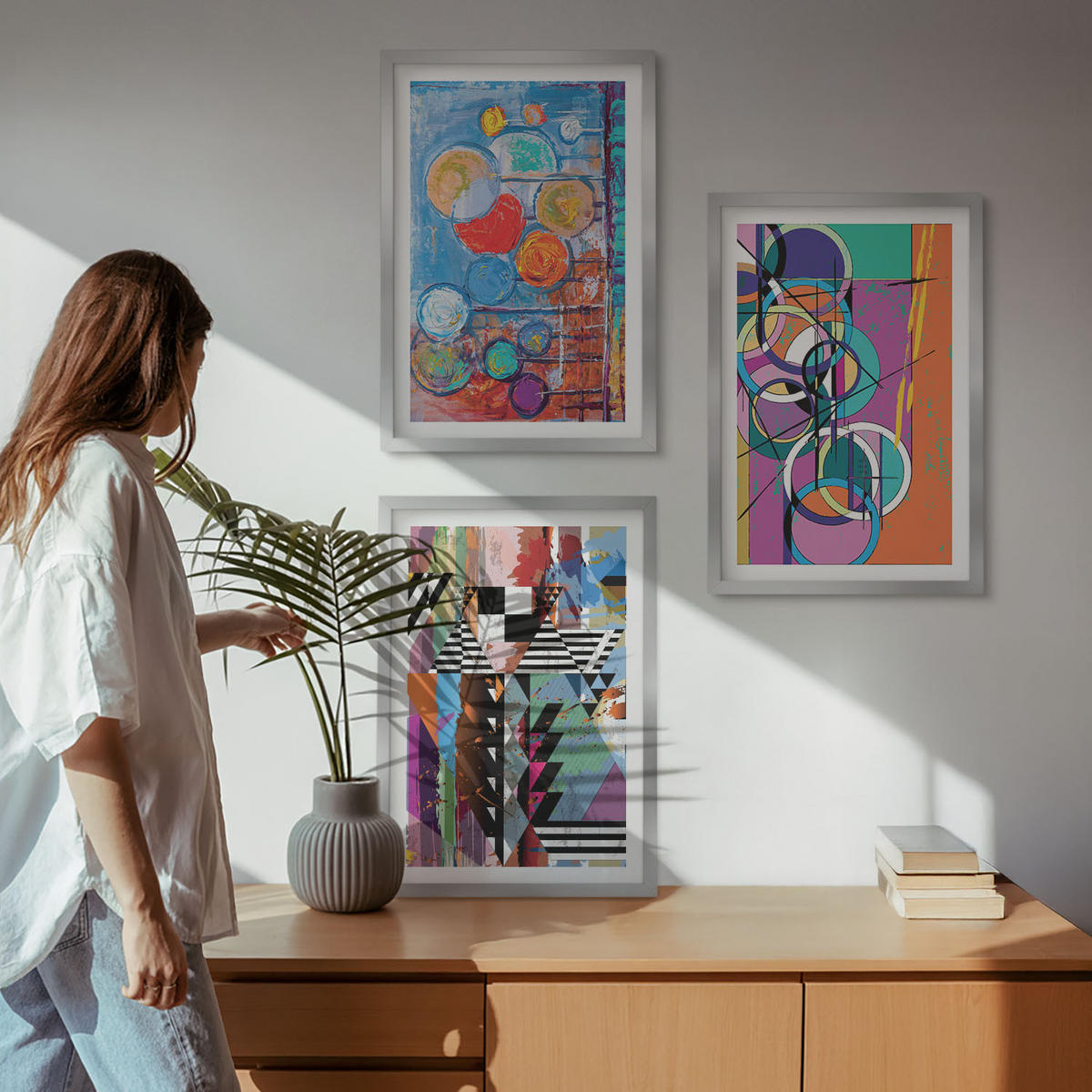 WANDBILDER 3er Set - 40x60 cm Silberner Rahmen - Bunte abstrakte Kreise Geometrie - Silberfarben, Kunststoff (40/60cm) - ArtPrintCave