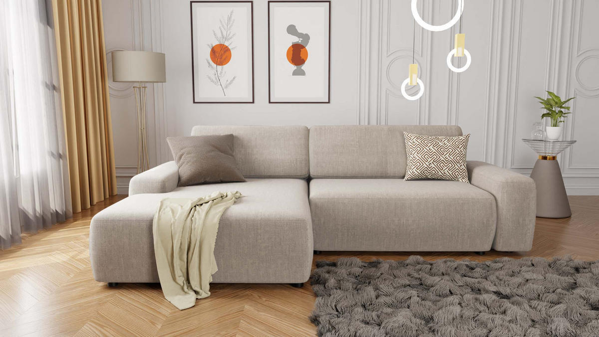 ECKSOFA Lopez Beige Samt-Stoff - Beige/Schwarz, Holz/Kunststoff (264/162cm) - S-Style Möbel