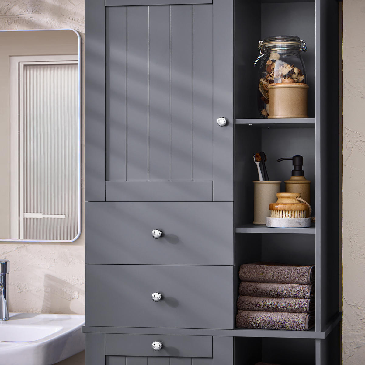 HOCHSCHRANK mit Wäschesack Grau - Grau, Holzwerkstoff (60/170/37cm) - SoBuy