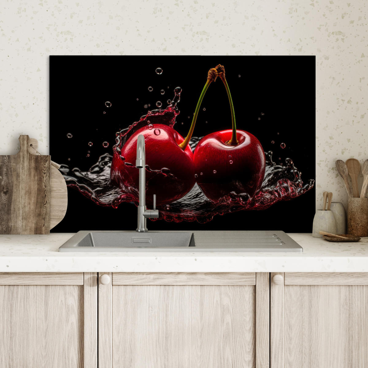 SPRITZSCHUTZ KÜCHE Kirsche - Rot - Frucht - Wasser - Schwarz 60x40 cm - Kirschrot, Metall (60/0.3/40cm) - MuchoWow