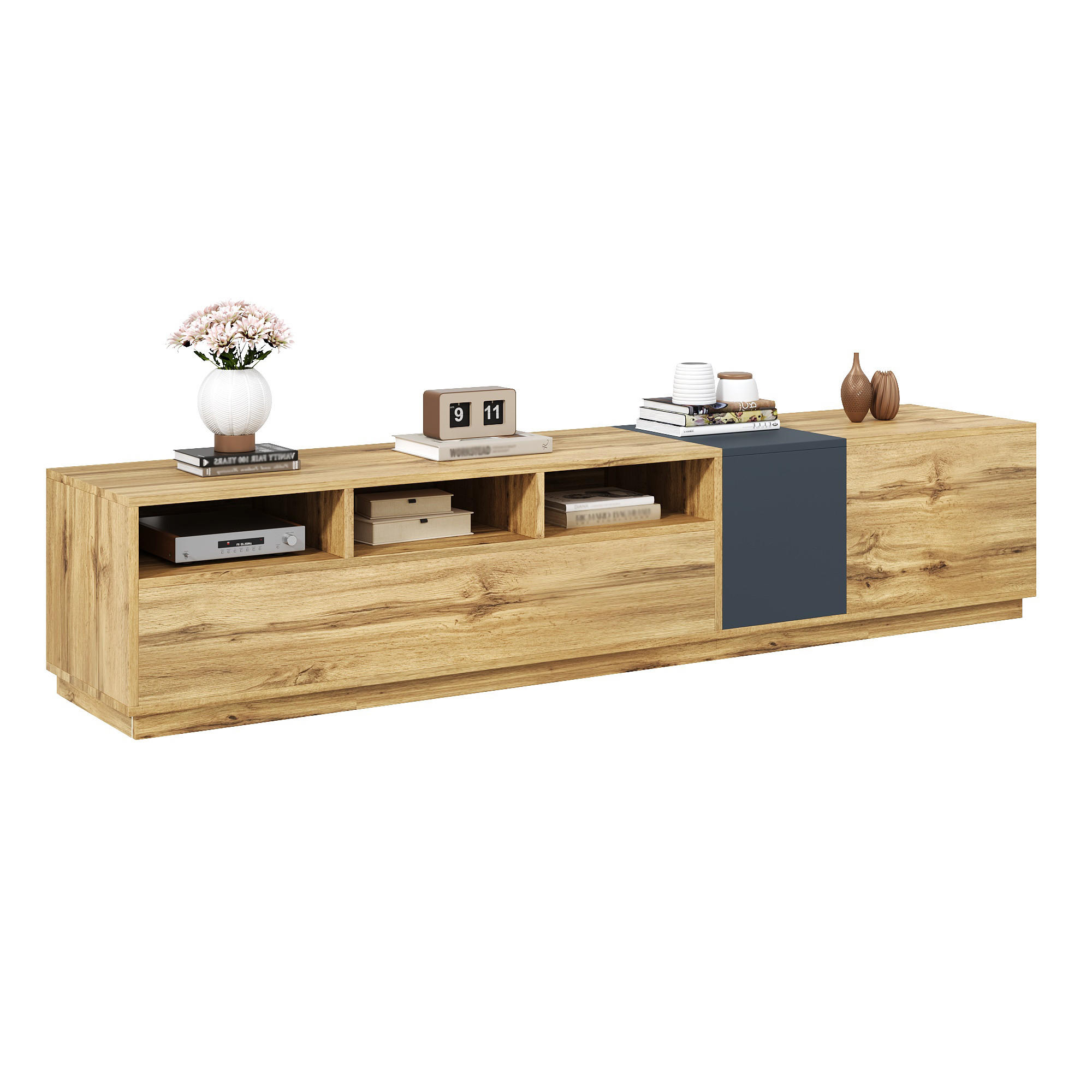STILVORA TV STOLEK v přírodním dekoru a šedé s otevřenými přihrádkami a otvory na kabely, 200×45×45 cm