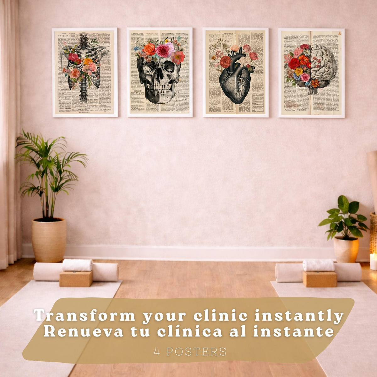 POSTER Set aus 4 Vintage Anatomie Drucke und Wandbilder mit Herz Schädel Skelett und Gehirn Collage Stil Wanddekoration Größe Weißer Rahmen A4 - Weiß, Papier (21/29.7/3cm) - Nacnic