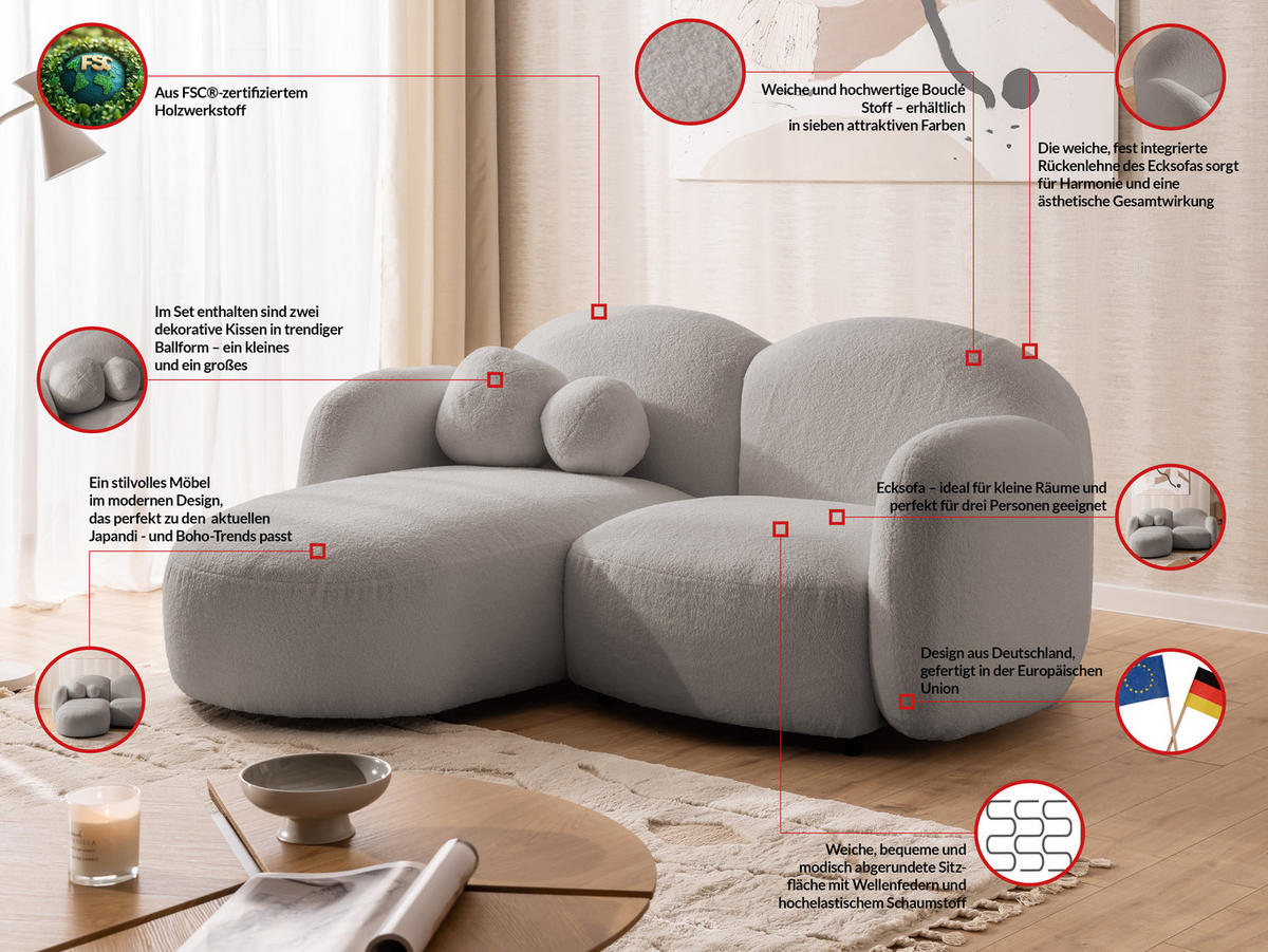 ECKSOFA Nuvola mit abgerundetem Design Hellgrau Bouclé-Stoff - Ottomane Links - Hellgrau/Schwarz, Holz/Kunststoff (190/146cm) - S-Style Möbel