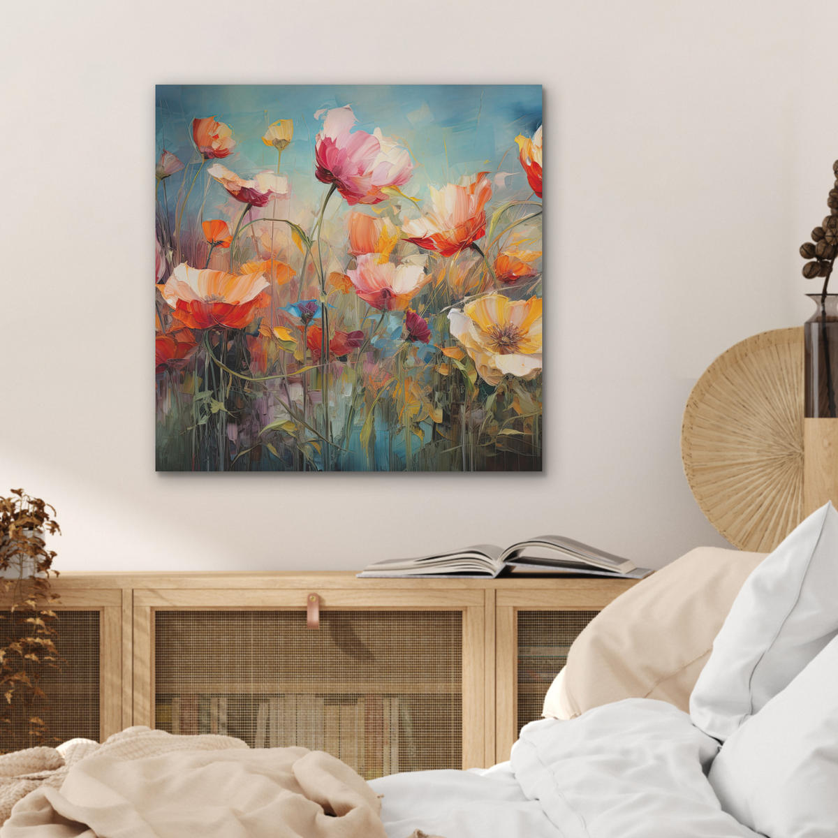 AKUSTIKBILD Blumen - Aquarell - Kunst - Botanisch - Natur Wandbilder 60x60 cm - Orange, Kunststoff (60/60/0.9cm) - MuchoWow