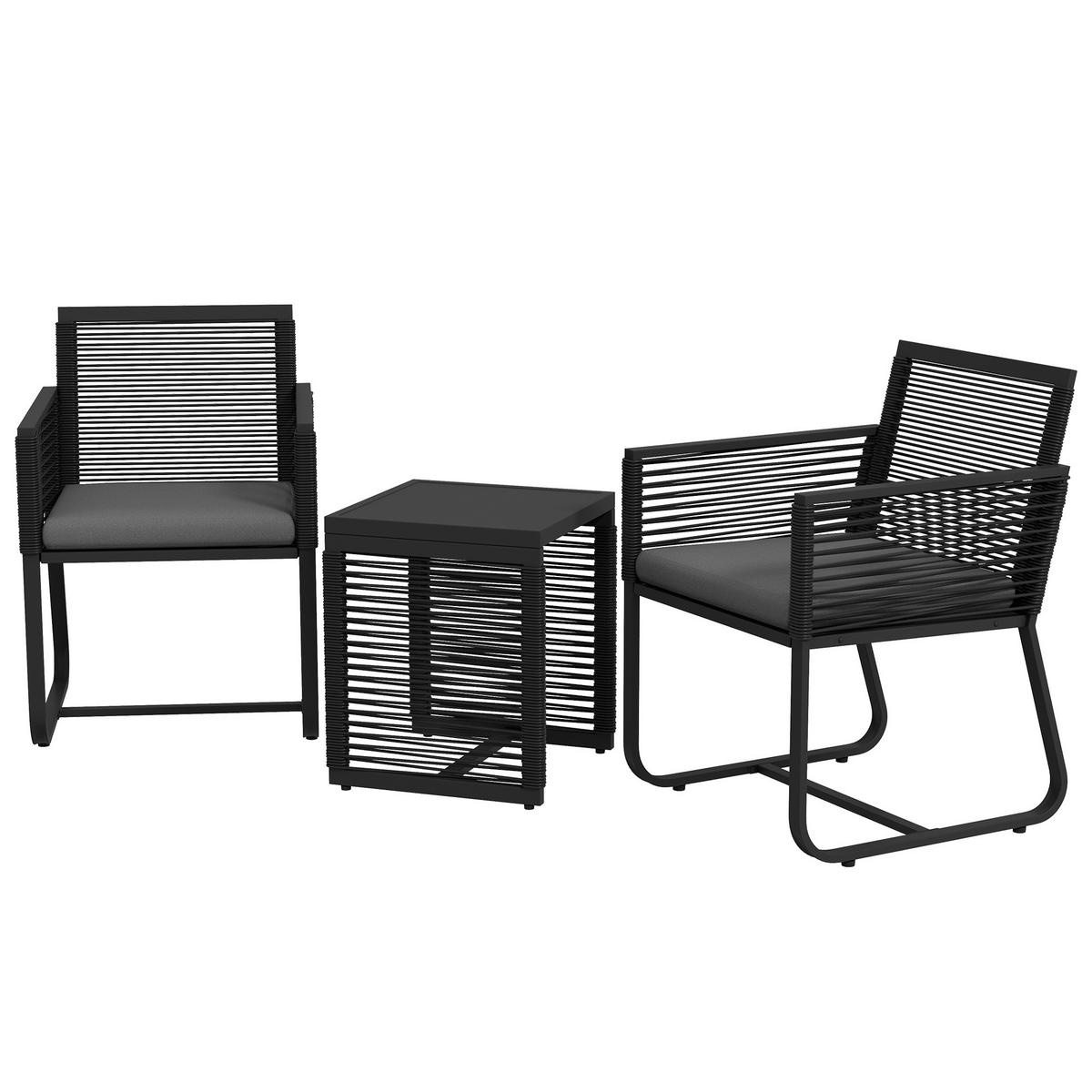 BISTRO-SET DE-06711 3-teilig, wetterbeständig, Glasplatte Schwarz/Grau - Schwarz, Kunststoff/Metall - ComfortXL