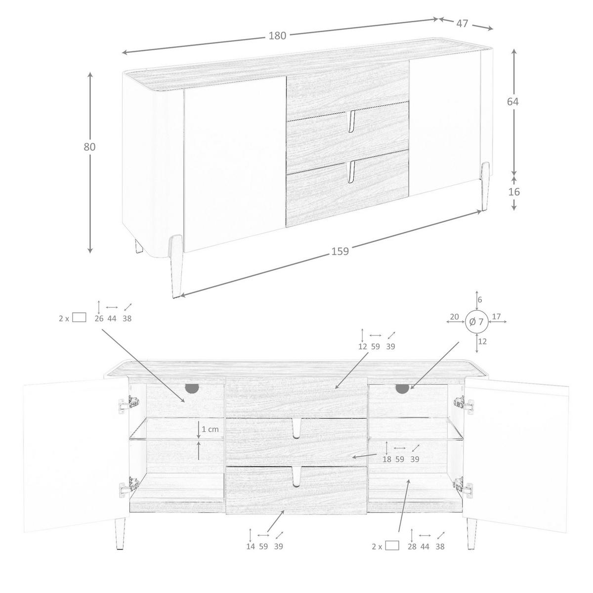 SIDEBOARD Sideboard Nussbaum, beige, vergoldeter polierter Stahl und Nussbaumplatte 180/47/80 cm - Beige, Holzwerkstoff/Metall (180/80/47cm) - ANGEL CERDA