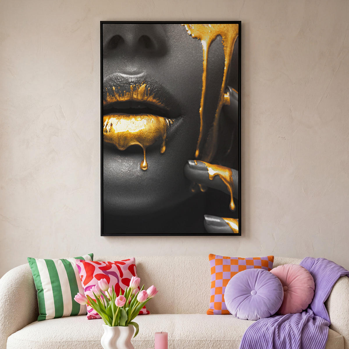 LEINWAND Bilder mit Rahmen - Frau - Schwarz - Gold - Gesicht - Lippen - 100x150 - Goldfarben, Textil (100/150cm) - MuchoWow