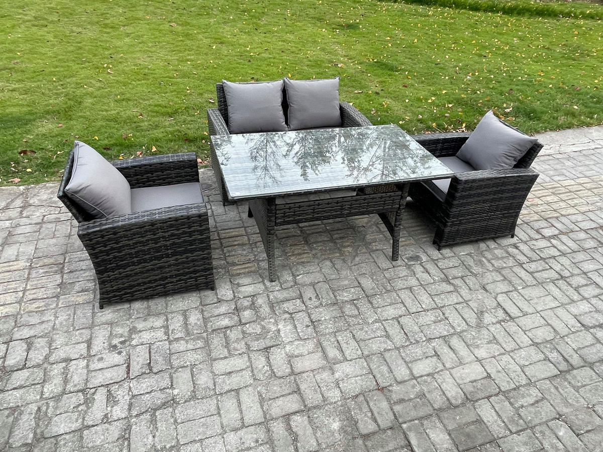 GARTENMÖBELSET mit 2 Sesseln,Zweisitzer,Esstisch Polyrattan Dunkelgrau 4-Sitzer - Dunkelgrau/Grau, Glas/Kunststoff - Fimous