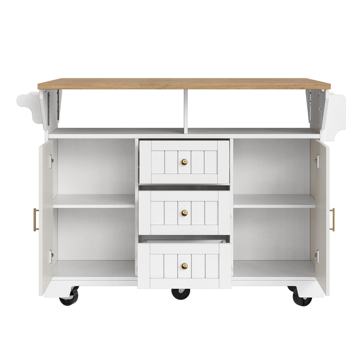 KUHINJSKI otok 120/40/95 cm iz MDF-ja in kovine z zložljivo ploščo, kolesi, 3 predali in 2 vrati, Bela - bela, leseni material (120/95/40cm) - Redom