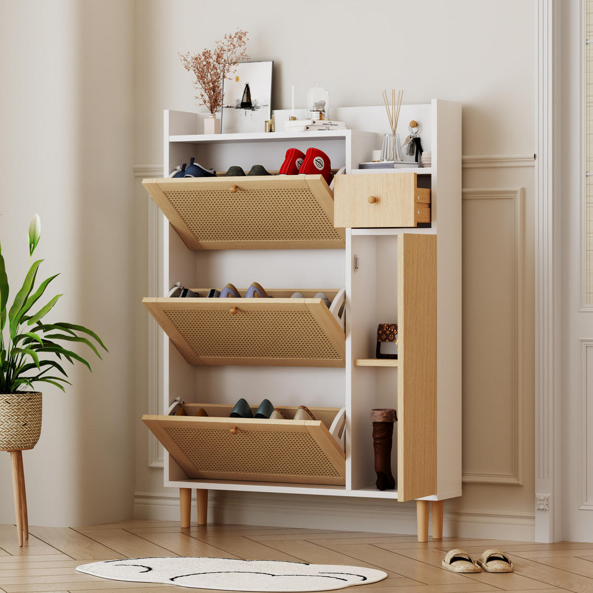 SCHUHSCHRANK Rattanoptik Weiß mit 3 Klappen, Schublade und Massivholzbeinen - Naturfarben, Holz (90/125/17cm) - PARAFTA HOME