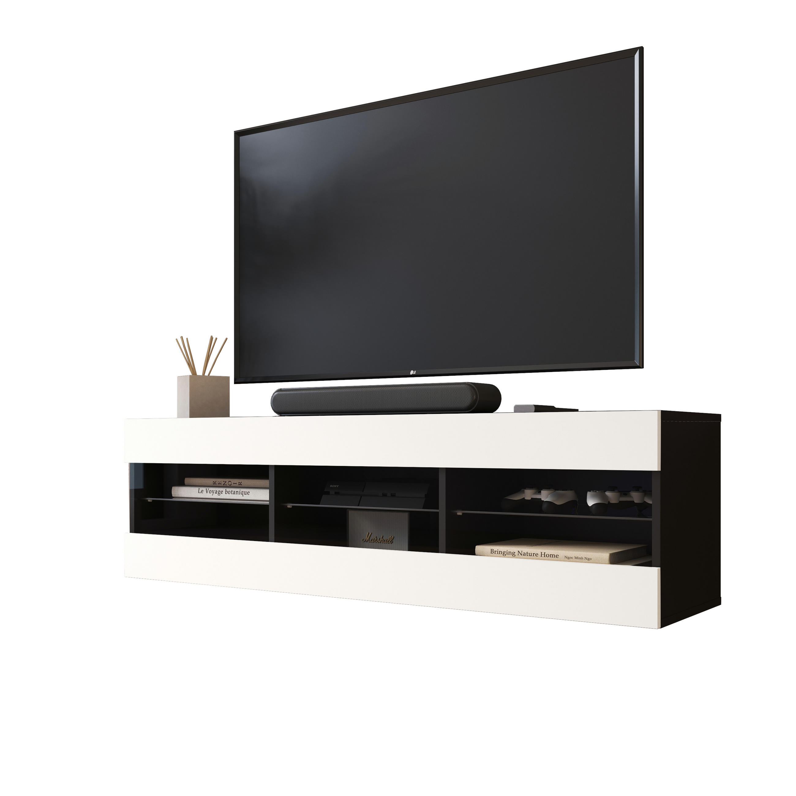 LOWBOARD TIVOLI RTV 140, Weiss - Schwarz/Weiß, Glas/Holzwerkstoff (140/40.5/35.5cm) - Komodee