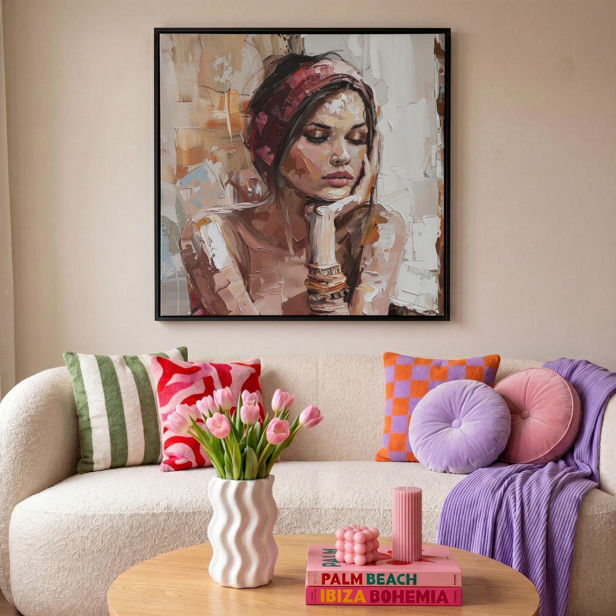 LEINWAND Bilder mit Rahmen - Frau - Lackierung - Porträt - Modern - 90x90 - Altrosa, Textil (90/90cm) - MuchoWow