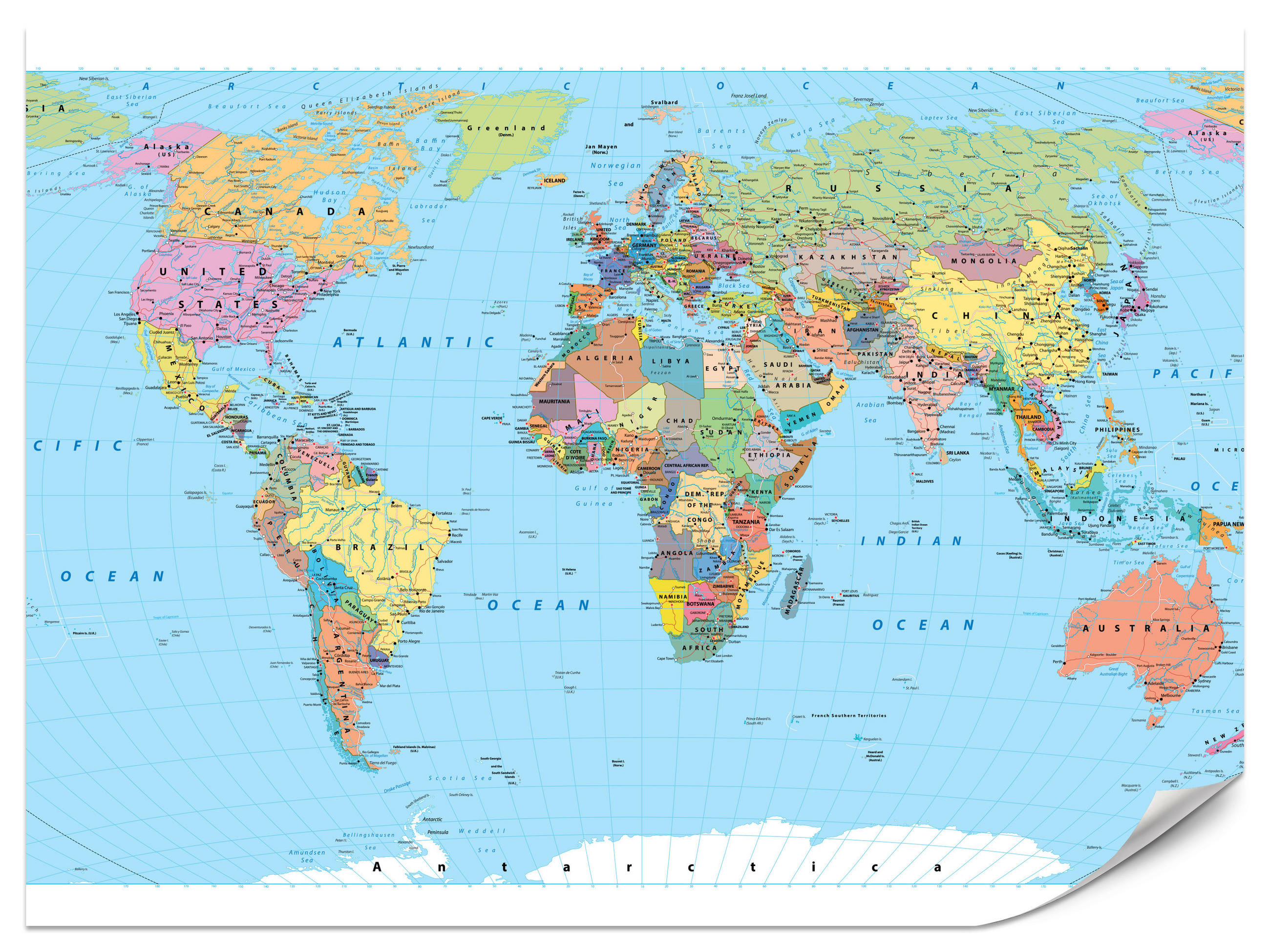 FOTOTAPETE für Wohnzimmer Politische Weltkarte Kontinente 200x140 - Gelb/Rosa, Papier (200/140cm) - Muralo