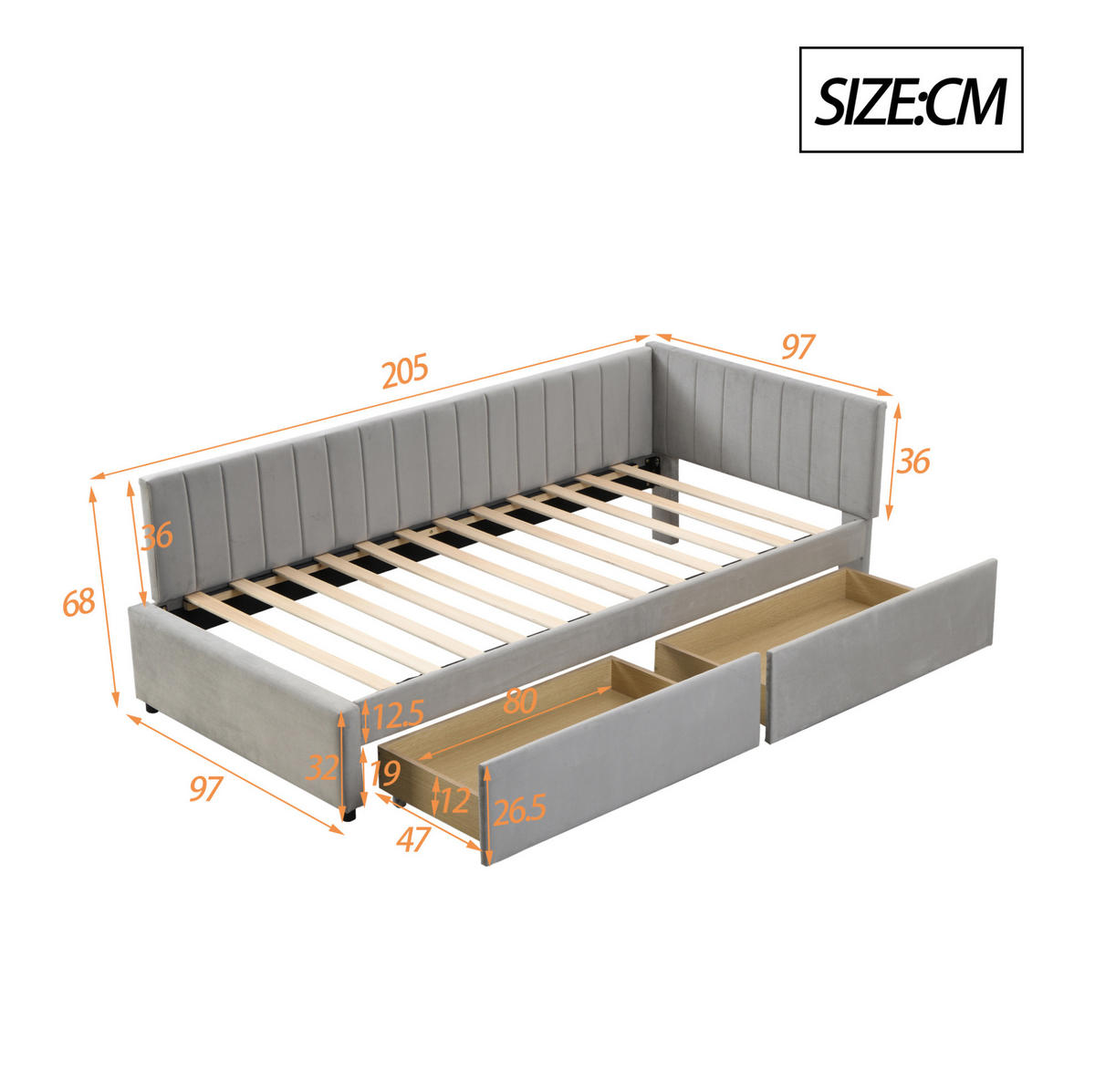 TAGESBETT 90/200 cm mit 2 Stauraumschubladen, Lattenrost und Samtbezug, Grau - Grau, Leder (90/200cm) - Redom