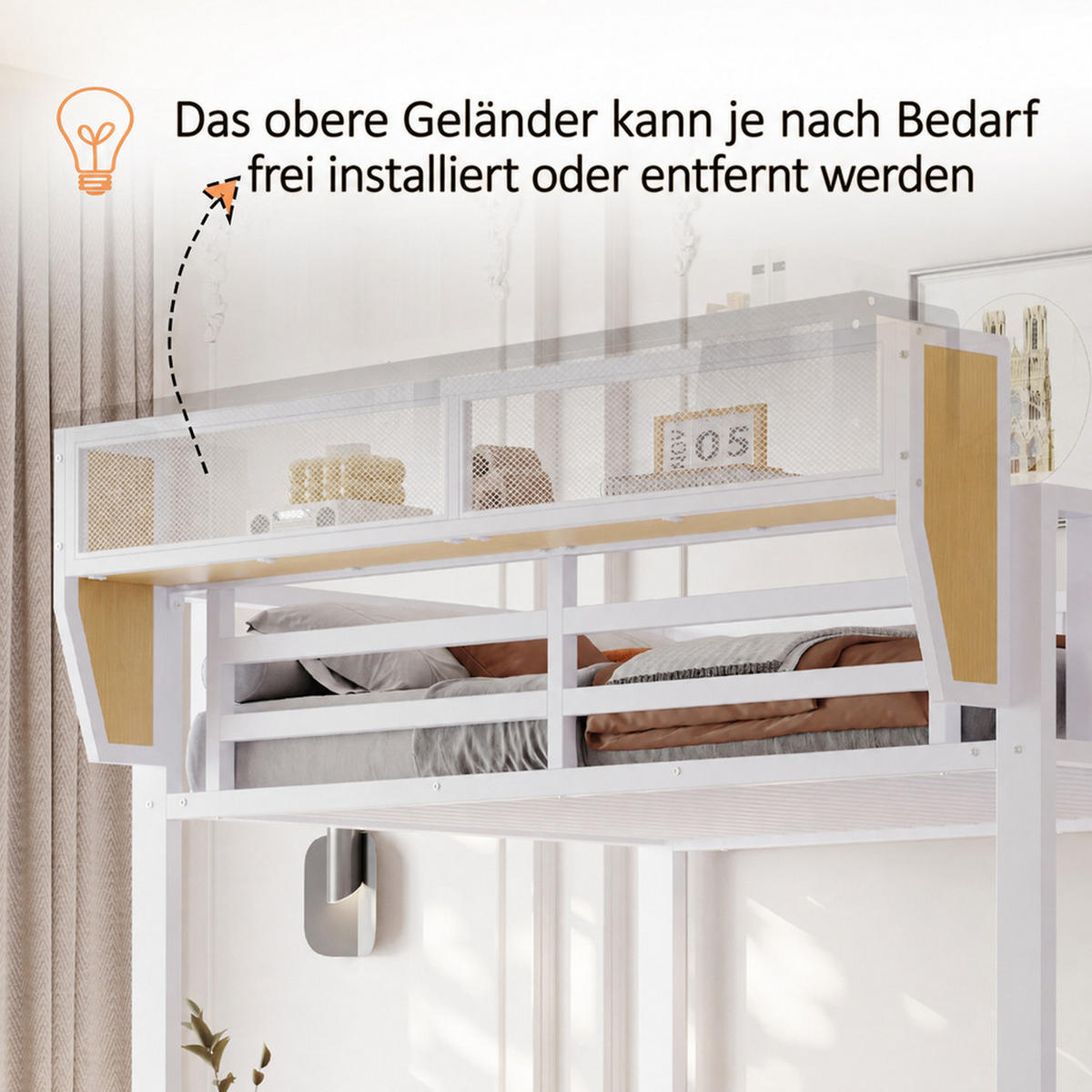 HOCHBETT 90/200 cm Weiß mit Schreibtisch, Stauraumtreppe, LED-Licht und Aufbewahrungsnetz - Weiß, Metall (90/200cm) - Oxeza