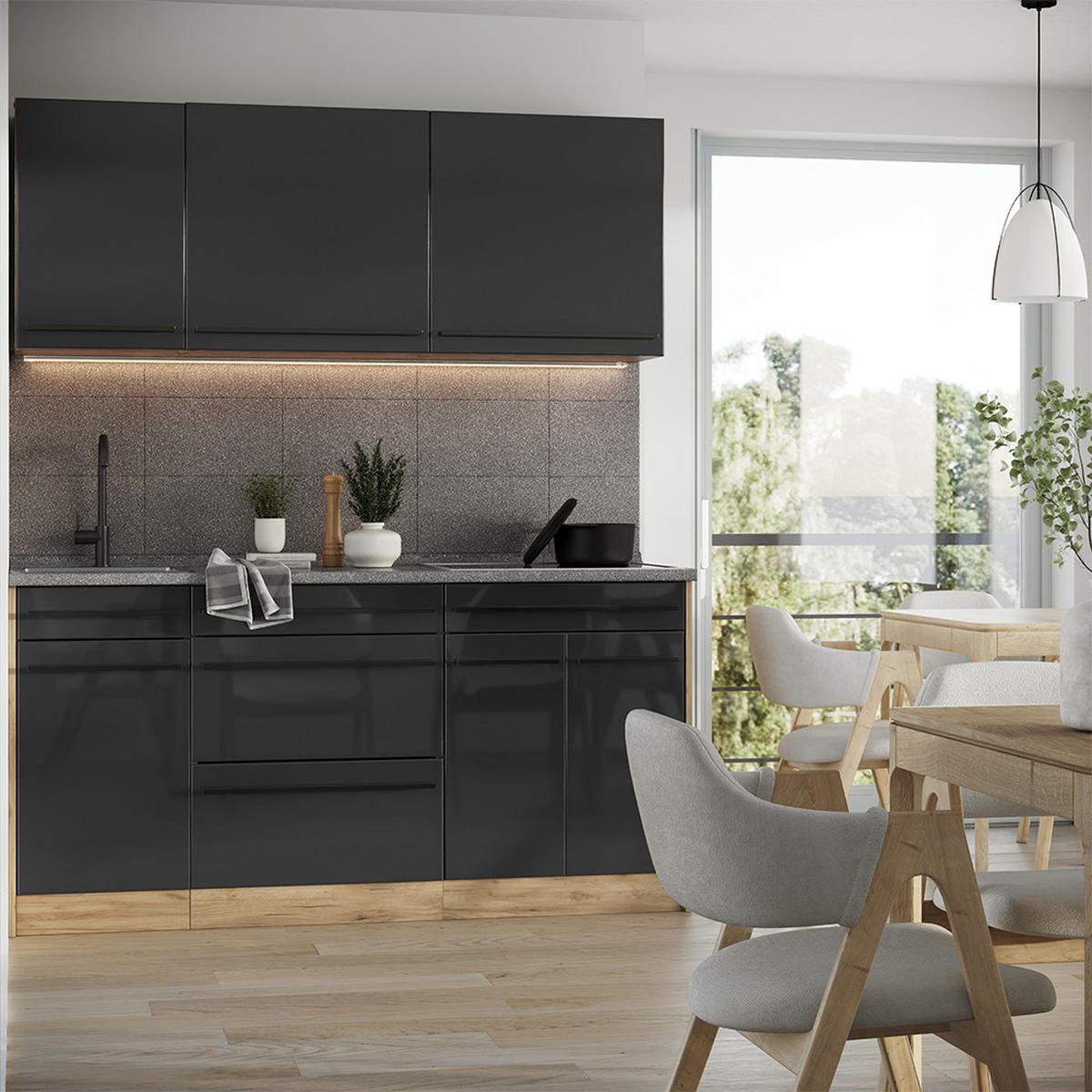 SINGLEKÜCHE R-Line, Anthrazit Hochglanz/Goldkraft Eiche, 160 cm Arbeitsplatte Goldkraft Eiche - Honigeiche/Schwarz Hochglanz, Holzwerkstoff (160/81.6/60cm) - Vicco