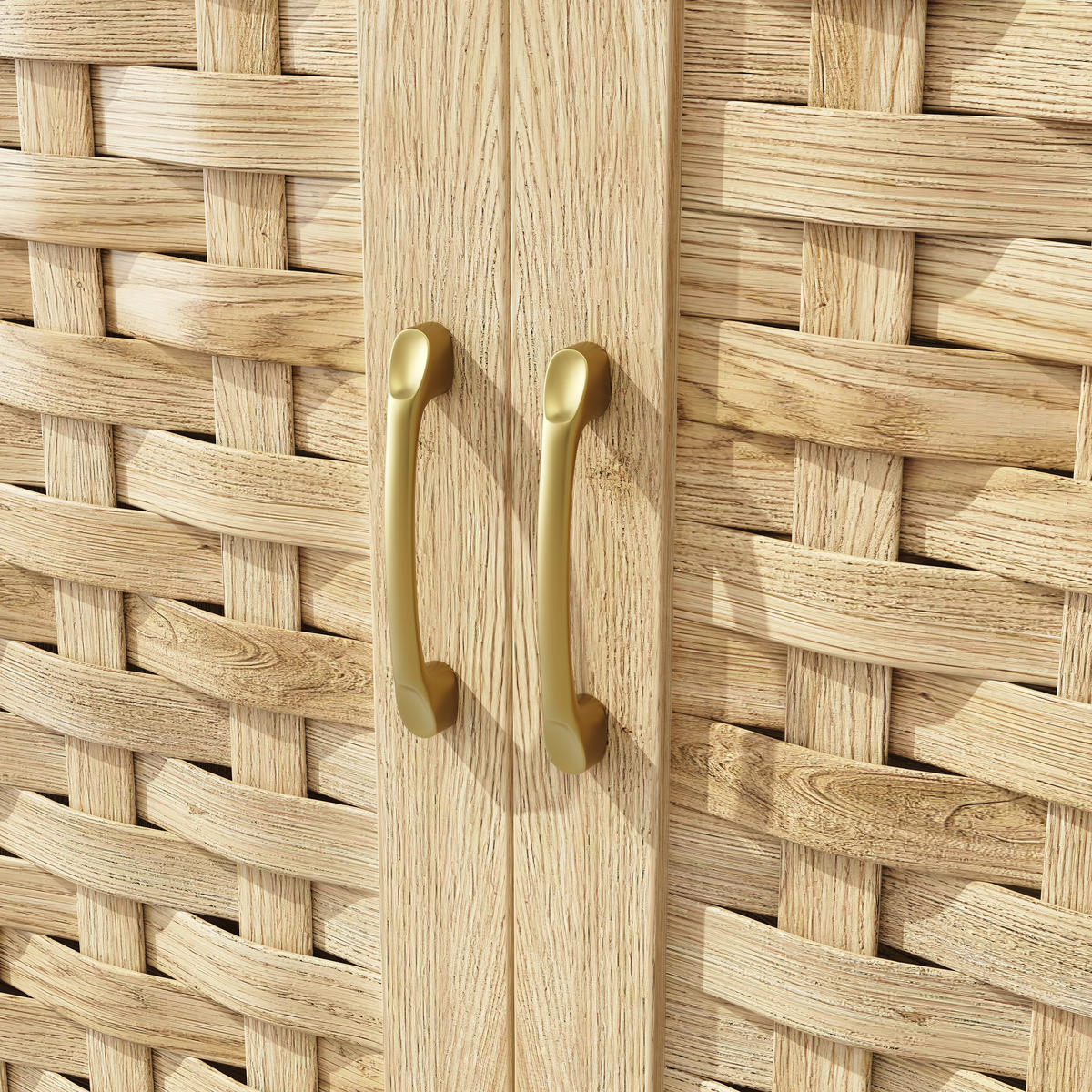 HOCHSCHRANK in MDF-Holzoptik mit geflochtenen Glasfronten, LED-App-Steuerung und USB, 120/40/180 cm, Naturfarben - Naturfarben, Holzwerkstoff (120/180/40cm) - Redom