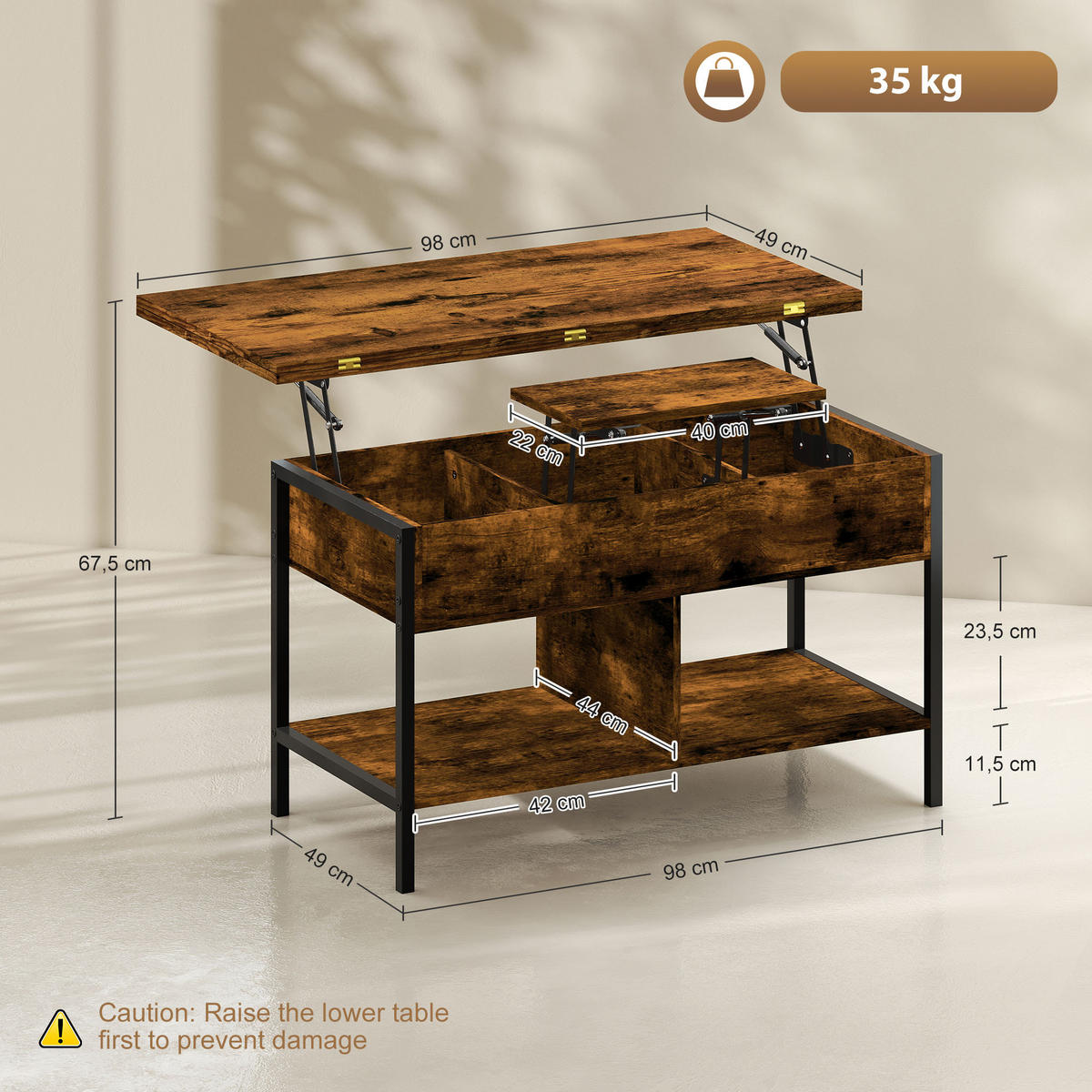 COUCHTISCH DE-15810 2 klappbare Platten Braun - Braun, Holzwerkstoff (98/49/55cm) - ComfortXL