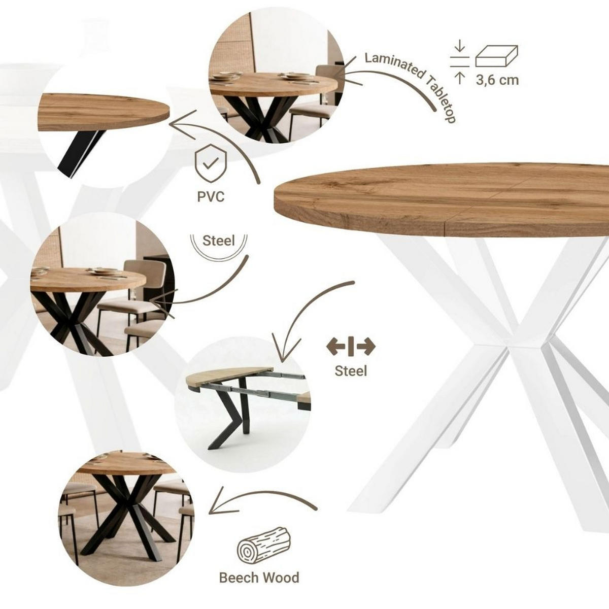 ESSTISCH RAL mit Holzbeinen, Durchmesser: 100 / 150 cm Eiche Wotan / Weiß - Eiche Wotan/Weiß, Holz (100/150/77cm) - Dekori_Interiors