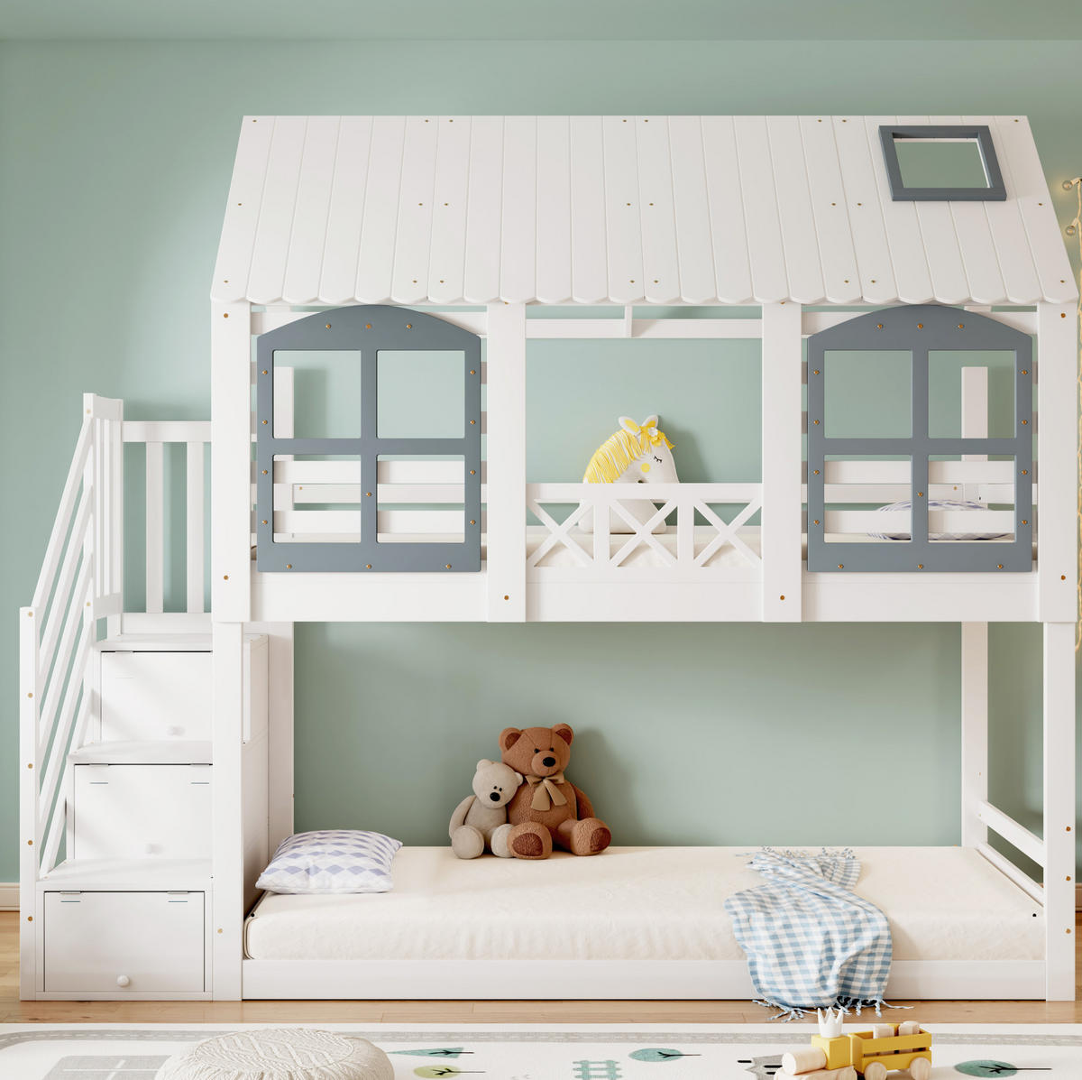 HAUSBETT 90/200 cm Weiß/Grau mit Stauraumtreppe, Dach und Fenstern - Weiß, Holzwerkstoff (90/200cm) - Flora Grace