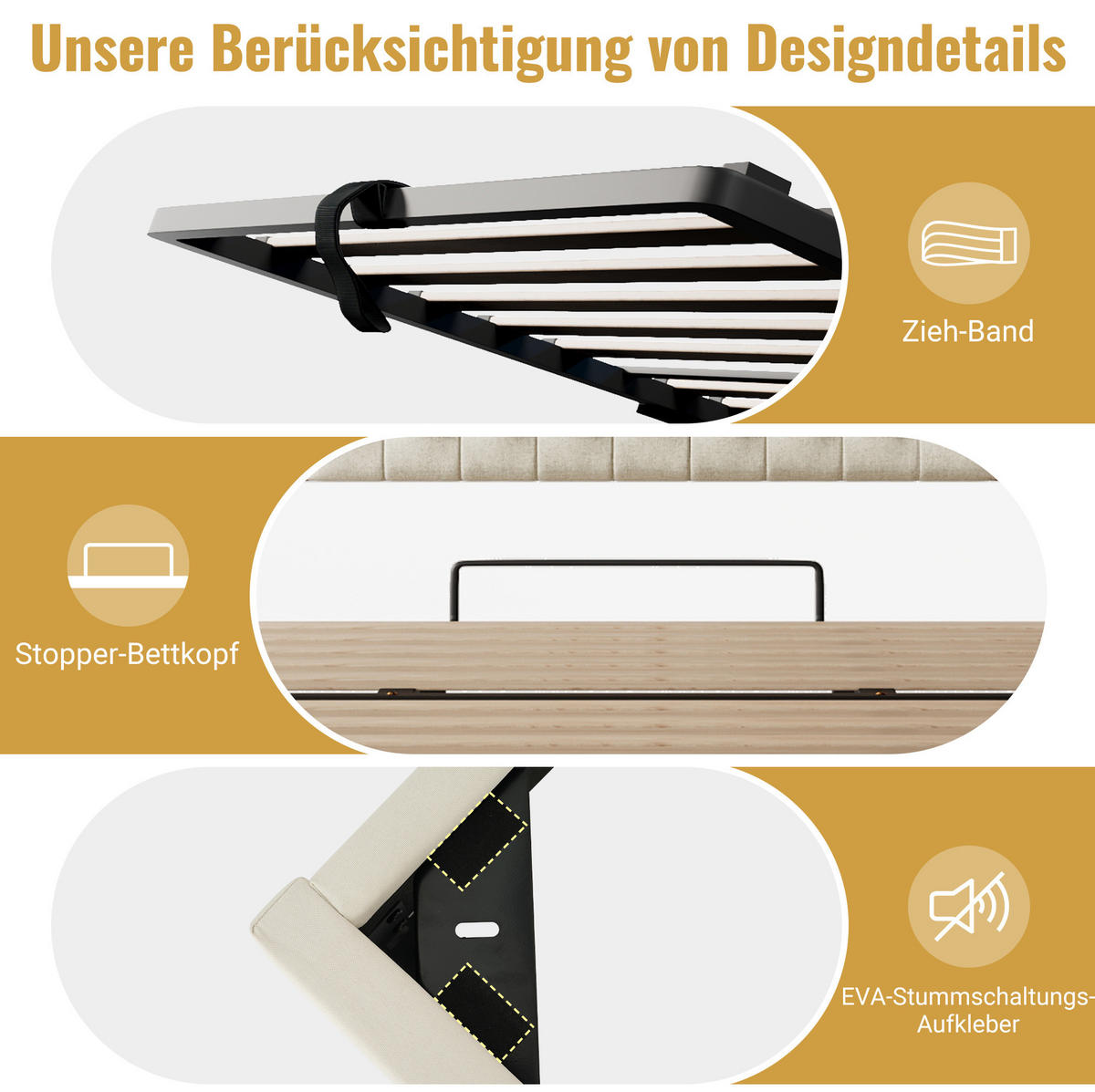 POLSTERBETT aus Leinen, Holz und Metall 180x200 cm Beige/Walnuss mit LED-Beleuchtung, Bettkasten und Lattenrost - Beige, Textil (180/200cm) - Modfu