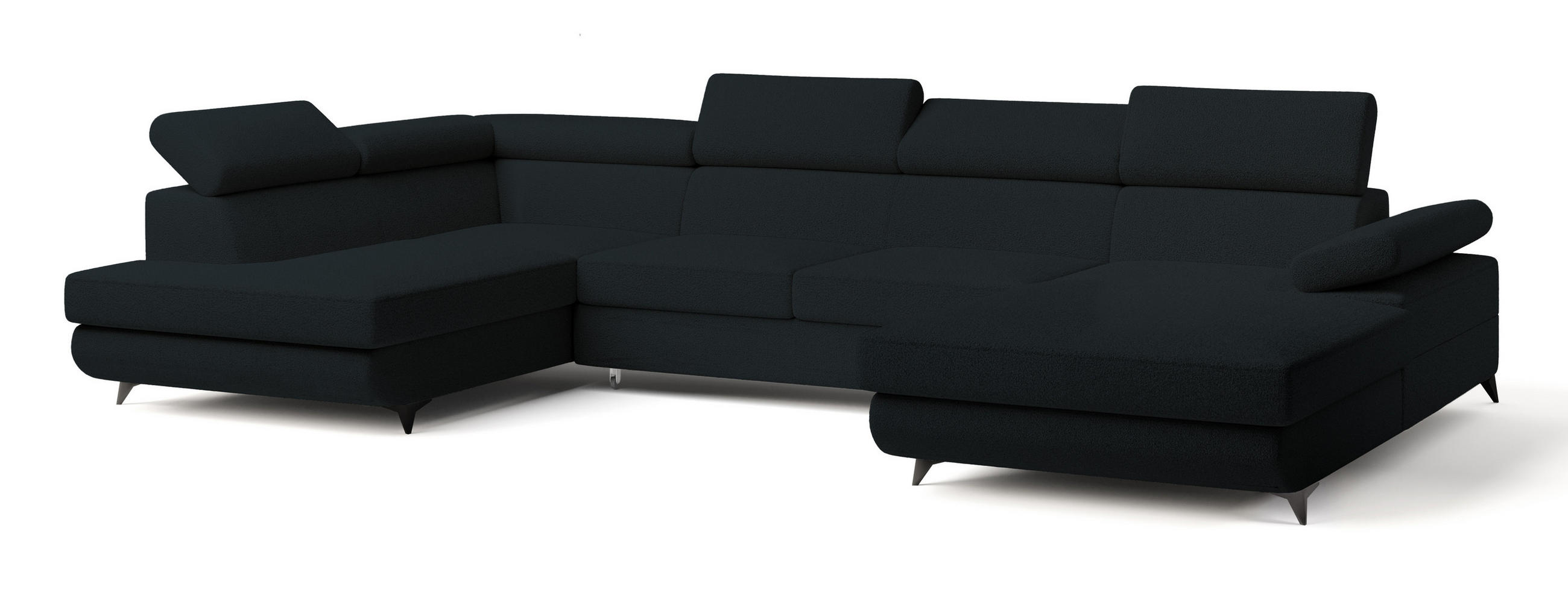 WOHNLANDSCHAFT RUBANO L-S Schwarz Boucle-Stoff mit Schlaffunktion - Schwarz, Holz (339/89/190cm) - MASSENO