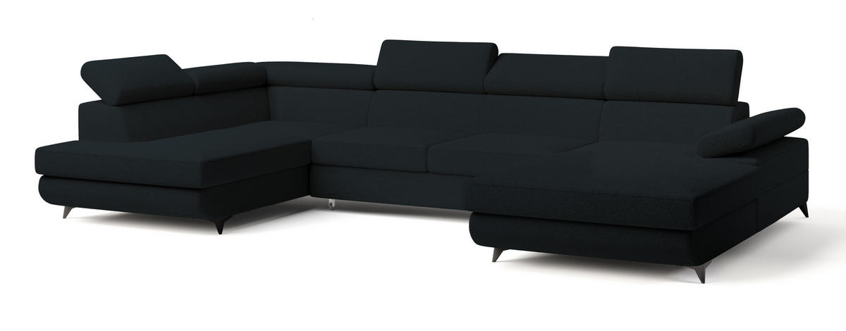 WOHNLANDSCHAFT RUBANO L-S Schwarz Boucle-Stoff mit Schlaffunktion - Schwarz, Holz (339/89/190cm) - MASSENO