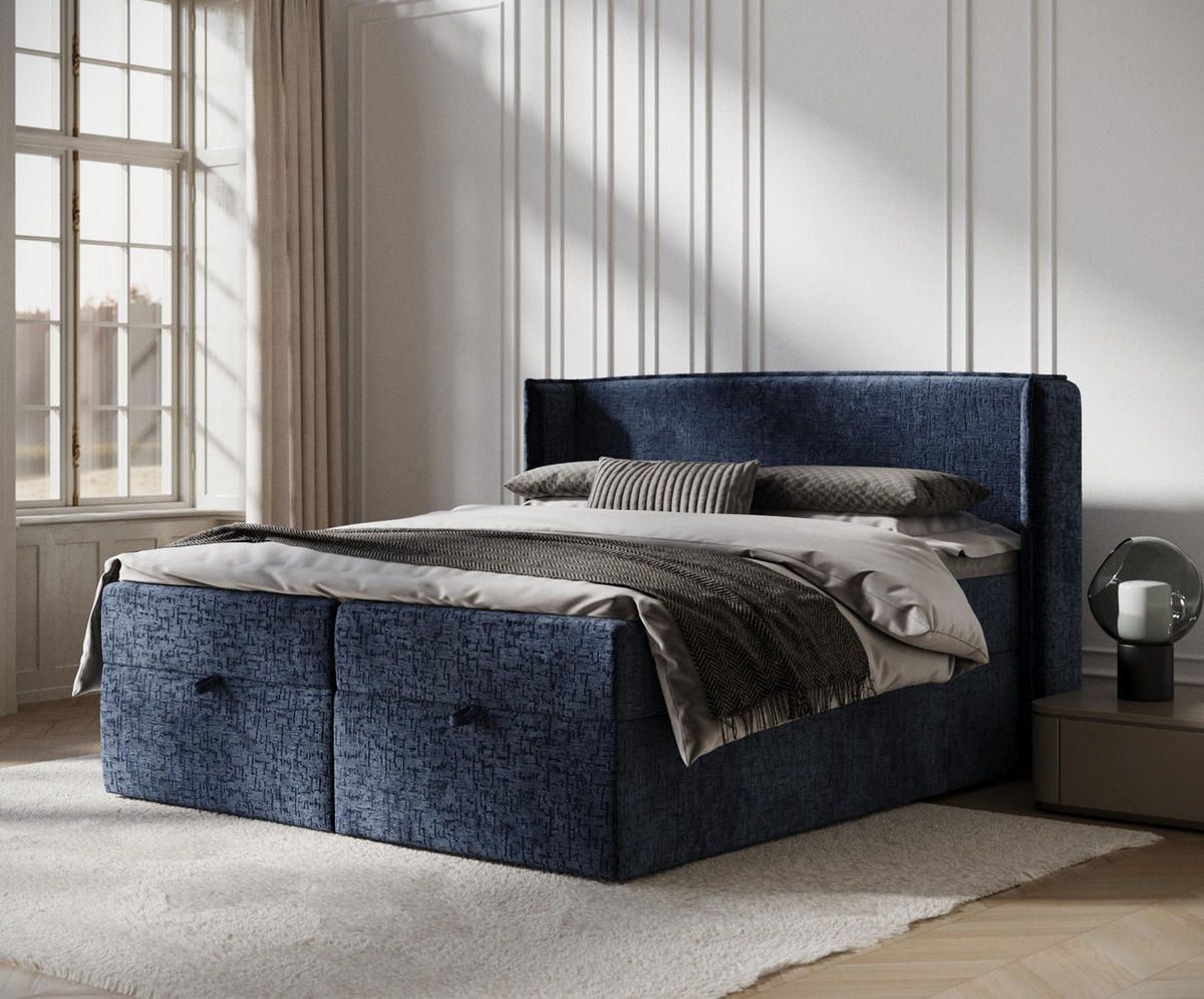 BOXBETT Passion Marineblau 140/200 cm mit Matratze und Topper - Schwarz/Dunkelblau, Holz/Holzwerkstoff (140/200cm) - Maison de Reve