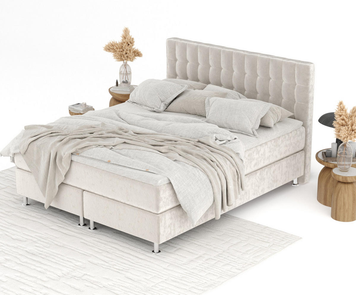 BOXSPRINGBETT Sorrento Ecru 160/200 cm mit Latex-Topper - Ecru/Silberfarben, Holz/Holzwerkstoff (160/200cm) - Maison de Reve