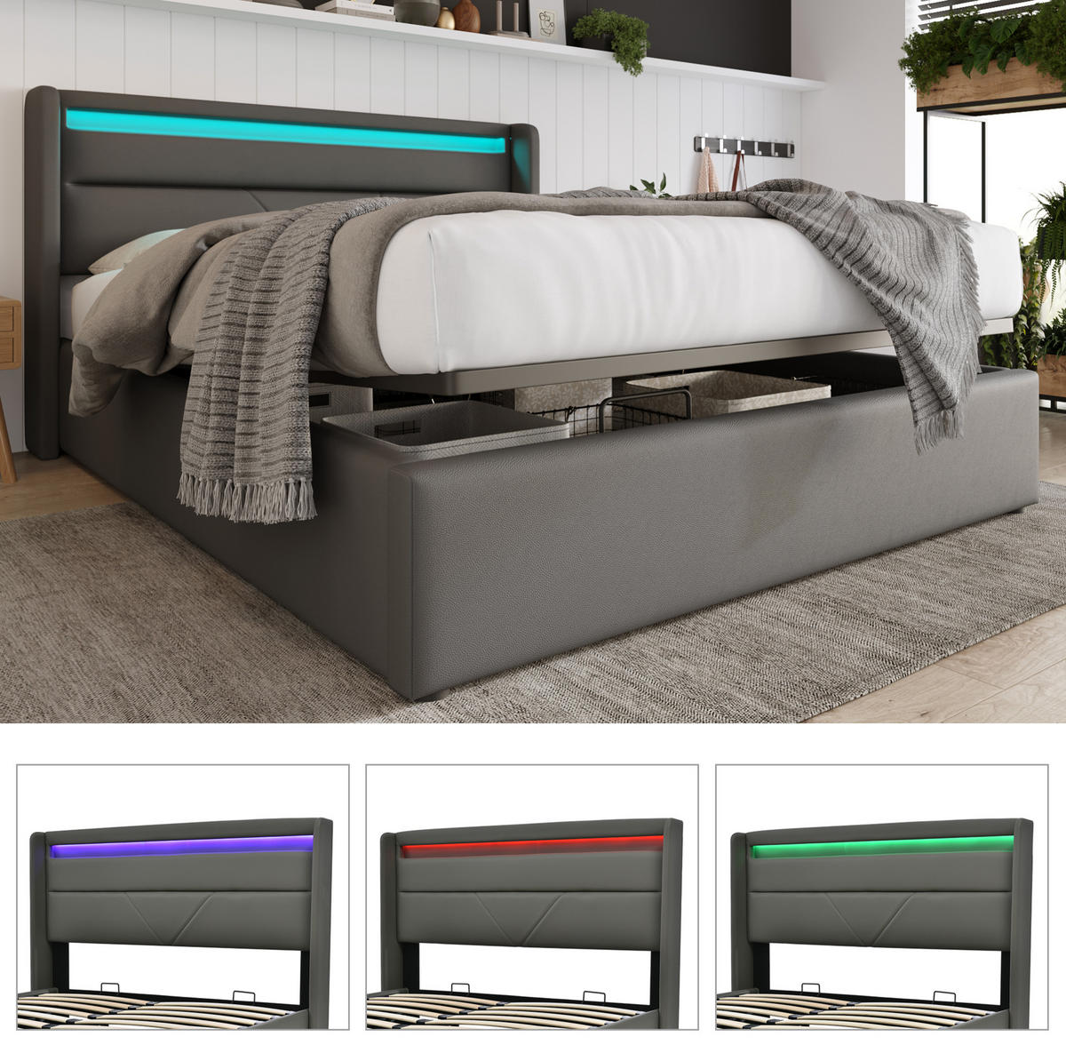 POLSTERBETT mit Bettkasten 140/200 cm mit LED-Beleuchtung und gepolstertem Kopfteil - Grau, Kunststoff (140/200cm) - BEAOK