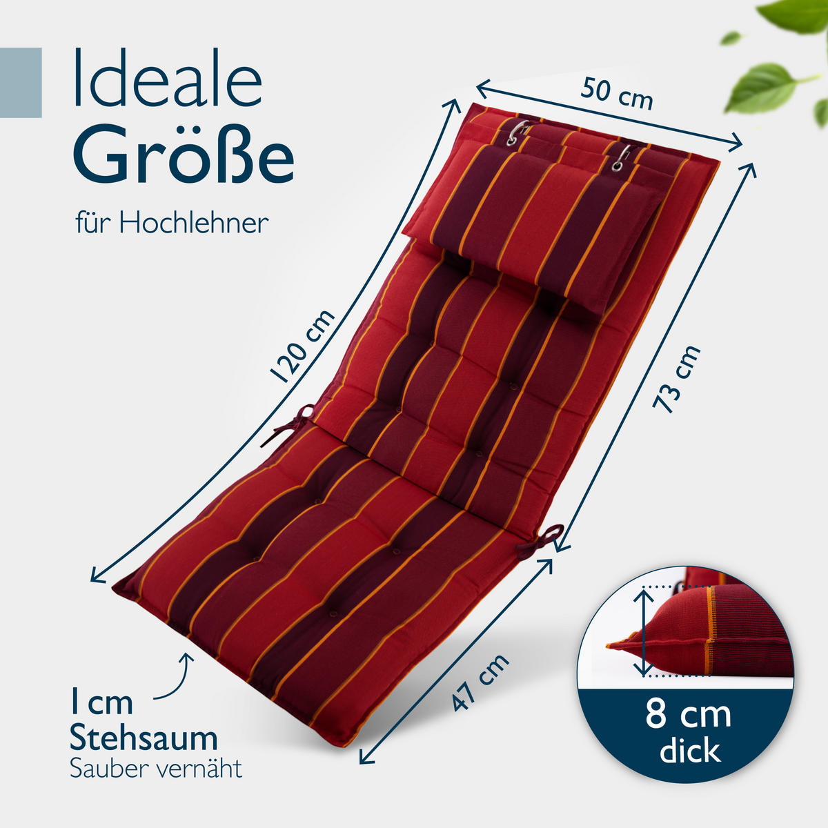 HOCHLEHNERAUFLAGE Sun-HL 119/50/8cm Rot-Gestreift - Multicolor, Textil (50/8/119cm) - Beautissu 