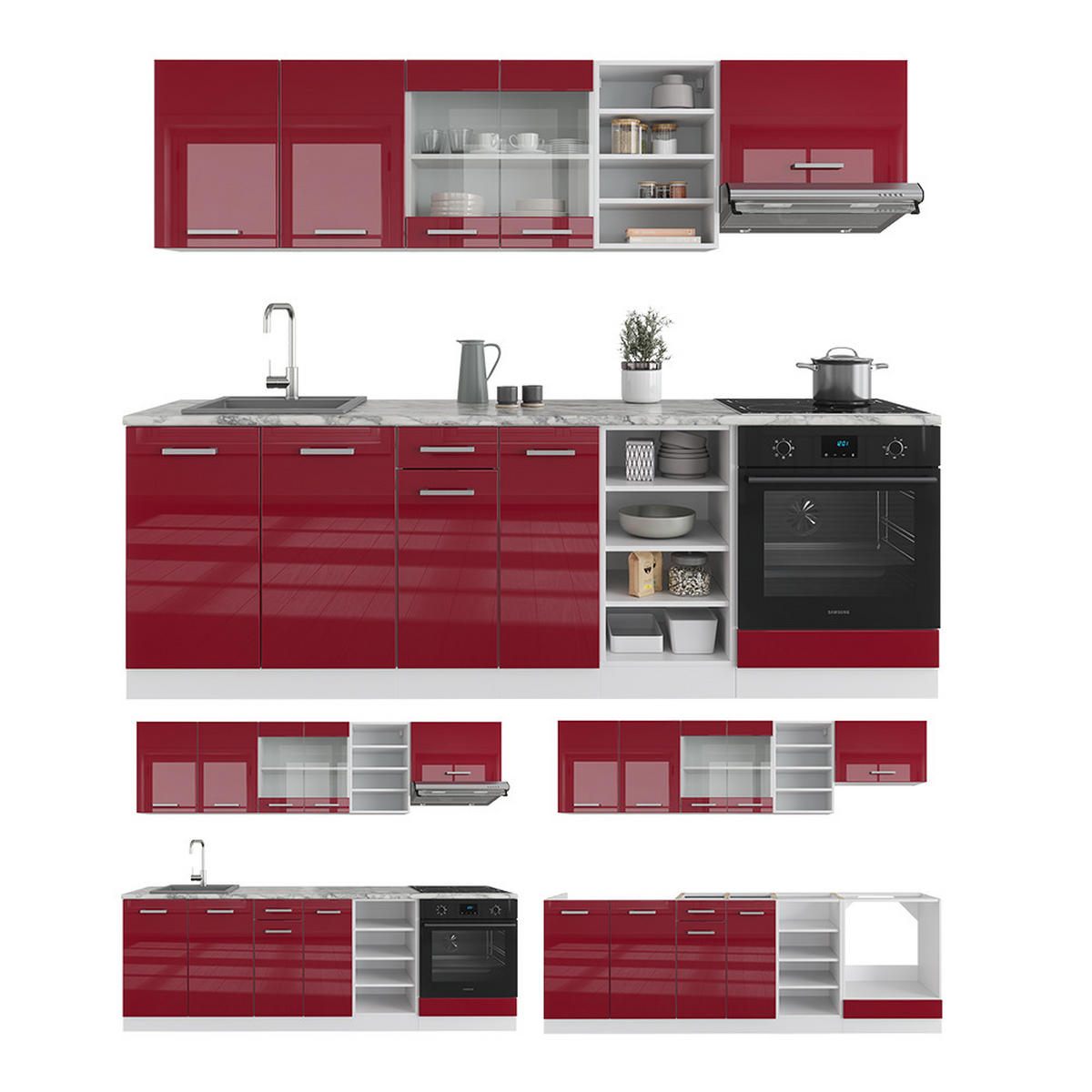 KÜCHENZEILE R-Line Rot Hochglanz/Weiß 240 cm ohne AP - Bordeaux/Weiß, Holzwerkstoff (240/81.6/46cm) - Vicco