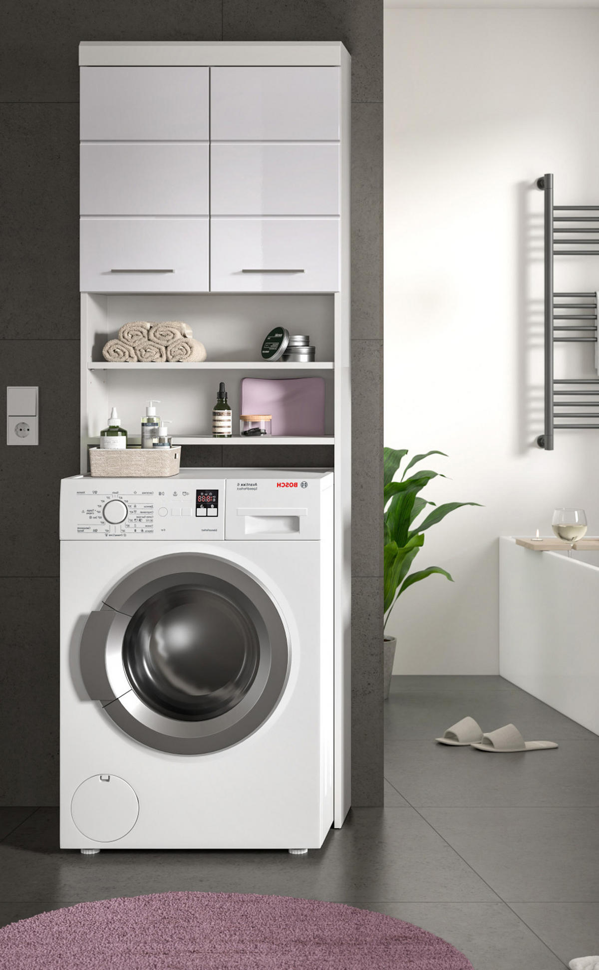 WASCHMASCHINENSCHRANK weiß Hochglanz 63 x 191 cm, Überbau mit 6 Fächern - Weiß Hochglanz/Silberfarben, Holzwerkstoff/Kunststoff (63/191/24cm) - Inn.Furn