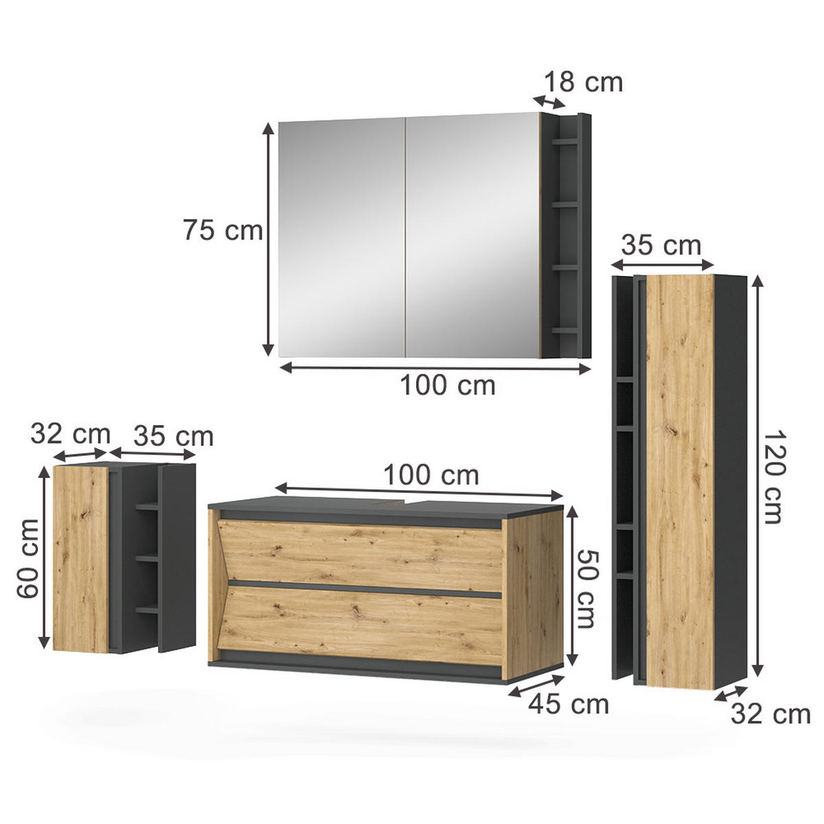 KOUPELNOVÝ NÁBYTEK Edelin Antracit/Artisan - antracitová, kompozitní dřevo (100/50/45cm) - Vicco