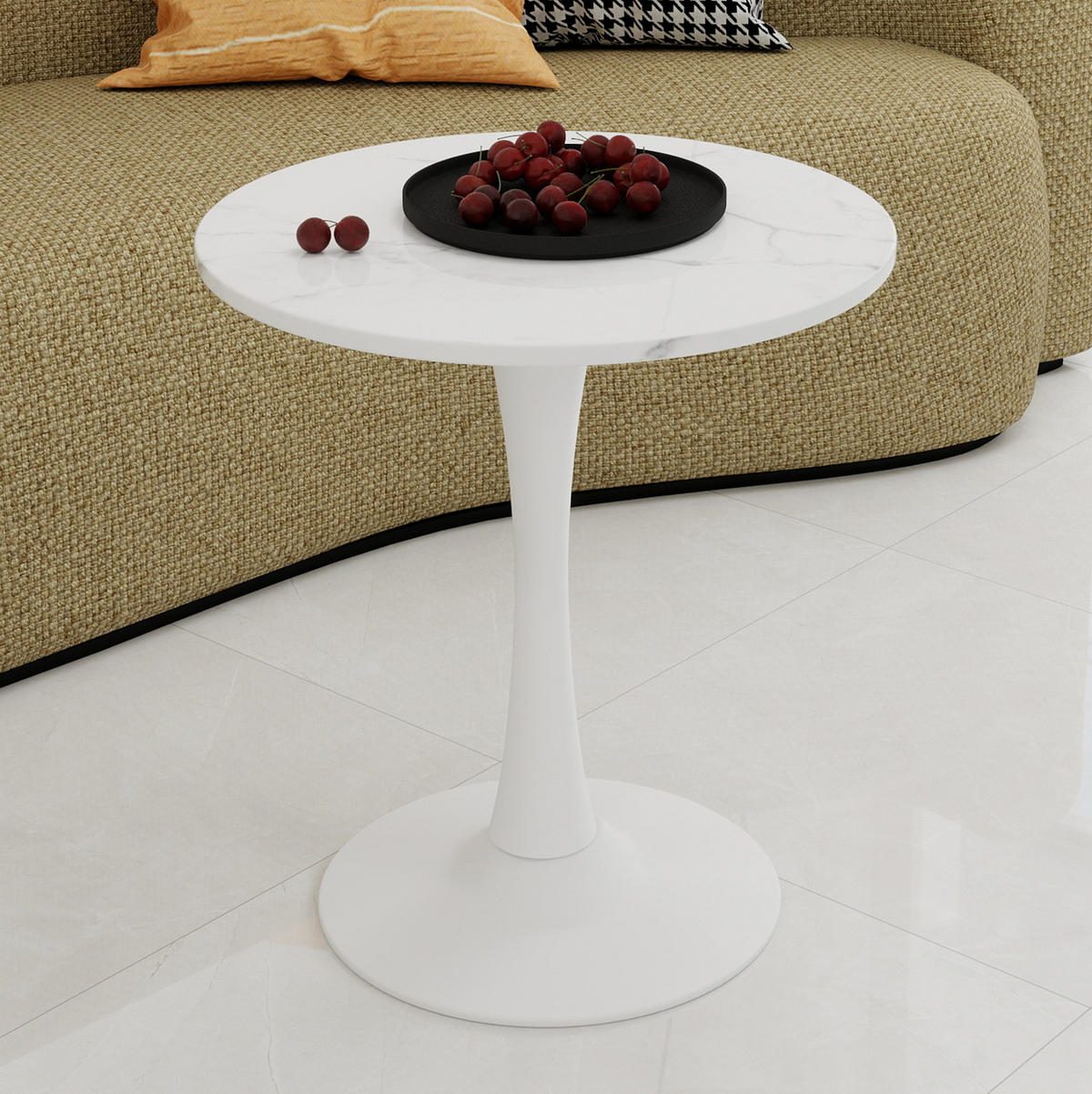 ODKLÁDACÍ stolek z umělého mramoru, průměr 70 cm bílý - bílá, kámen (70/70/72cm) - BEAOK