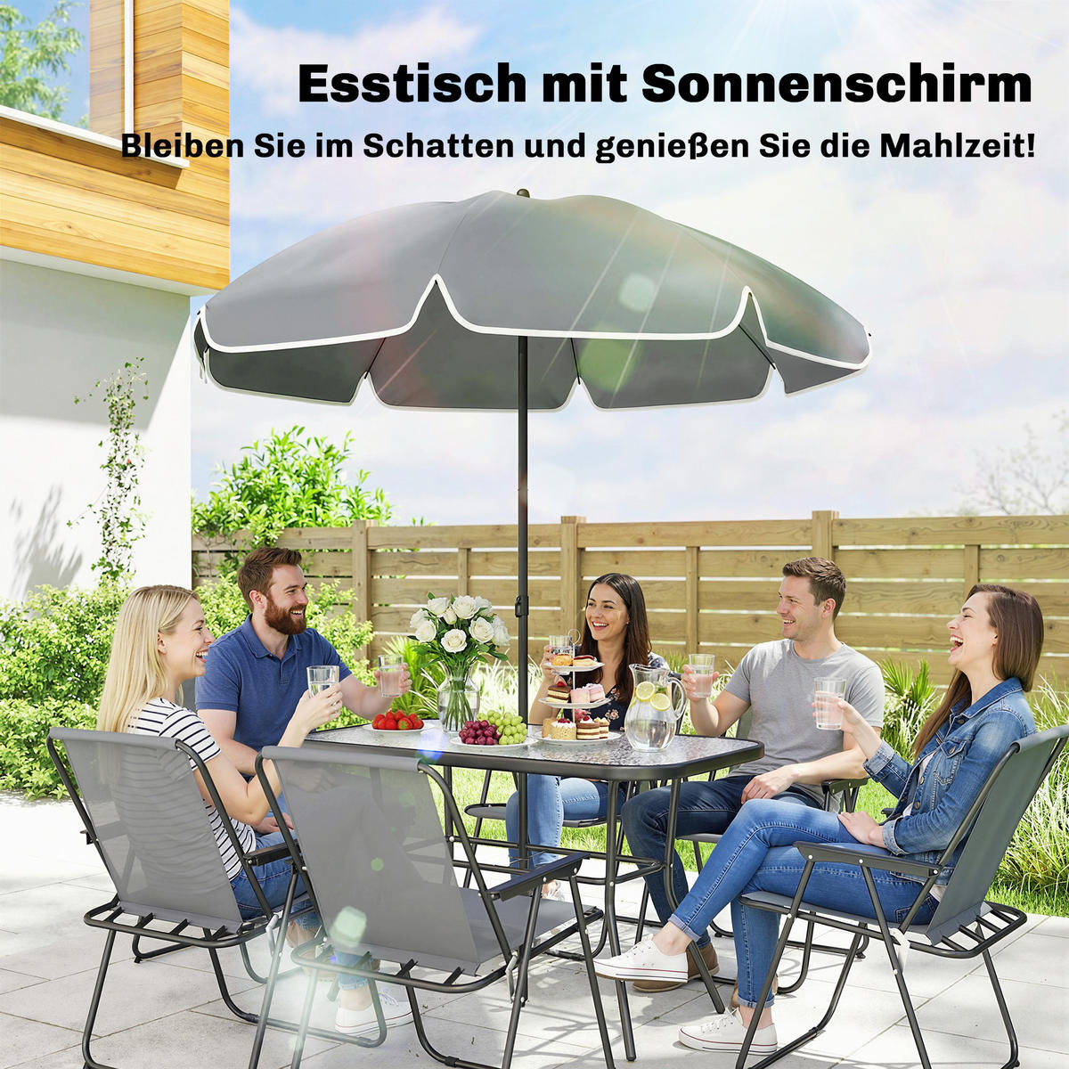 OUTDOOR-ESSGRUPPE 8er Set Stahl Netzstoff Grau - Schwarz/Grau, Metall - Outsunny
