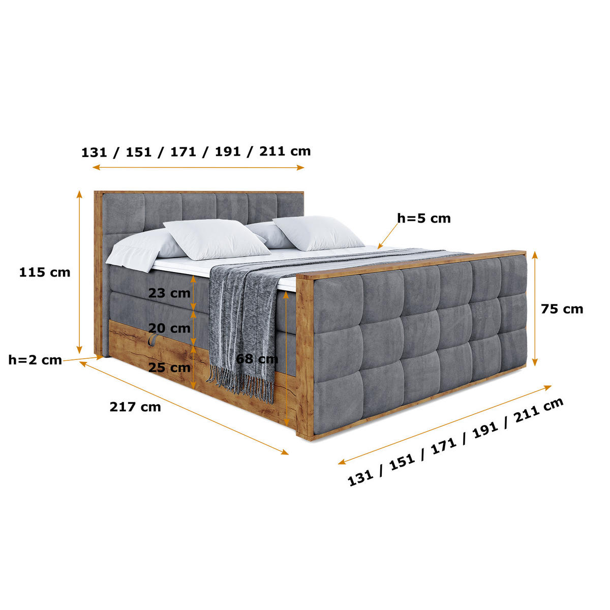BOXSPRINGBETT mit Matratze H3|H4 und Lattenrost - LOLLI7-Z KING-120x200 - Dunkelgrau Casablanca - Dunkelgrau, Holzwerkstoff (120/200cm) - ALTDECOR
