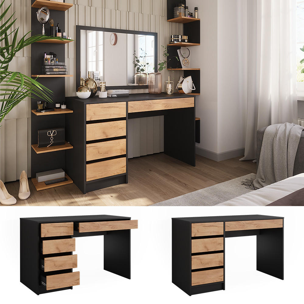 SCHMINKTISCH Sherry Anthrazit/Goldkraft Eiche 120 x 75 cm ohne Spiegel - Anthrazit/Eiche Wotan, Holzwerkstoff (120/55/75cm) - Vicco
