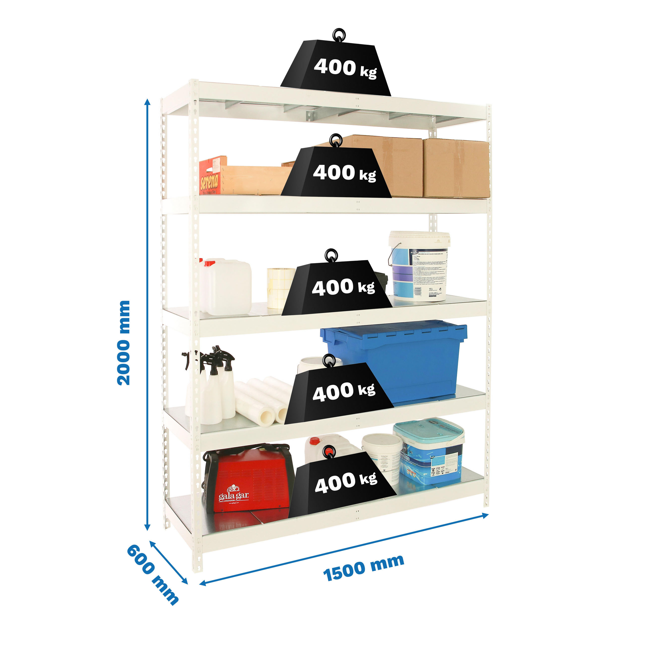 SCHWERLASTREGAL Big Metal Yeti Five HxBxT 200 x 150 x 60 cm Fachlast 400 kg Weiß - Weiß, Metall (150/200/60cm) - PROREGAL