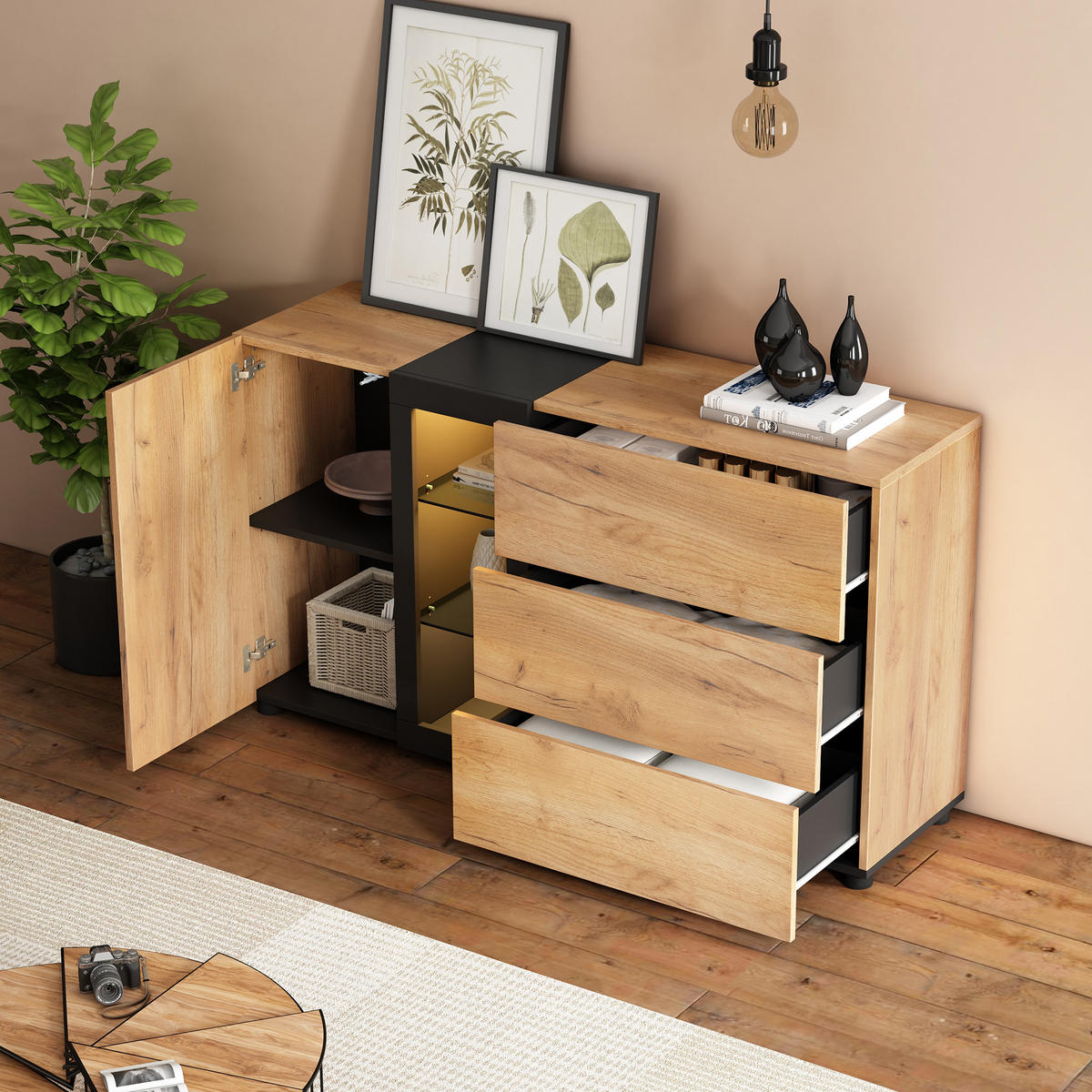 SIDEBOARD mit LED App-Steuerung Vitrine 60.000 Farben 3 Schubladen Glas 120 cm Spanplatte Buffetschrank - Schwarz/Braun, Glas/Holzwerkstoff (140/80/40cm) - EVRYAE