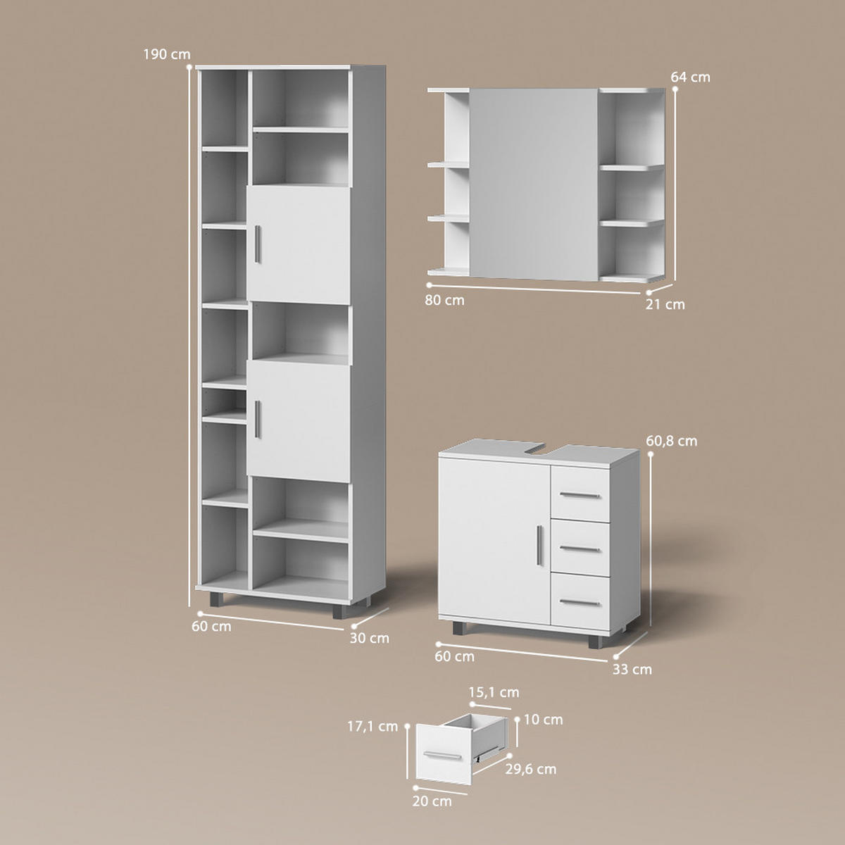 BADMÖBEL-SET Eisak Weiß 3 Teile, mit Hochschrank - Weiß, Holzwerkstoff (60/60/33cm) - Livinity®