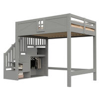 HOCHBETT aus Holz 140x200 cm Grau mit Sicherheitsgeländer, Stauraum und beidseitig montierbarer Leiter - Grau, Holz (140/200cm) - Modfu