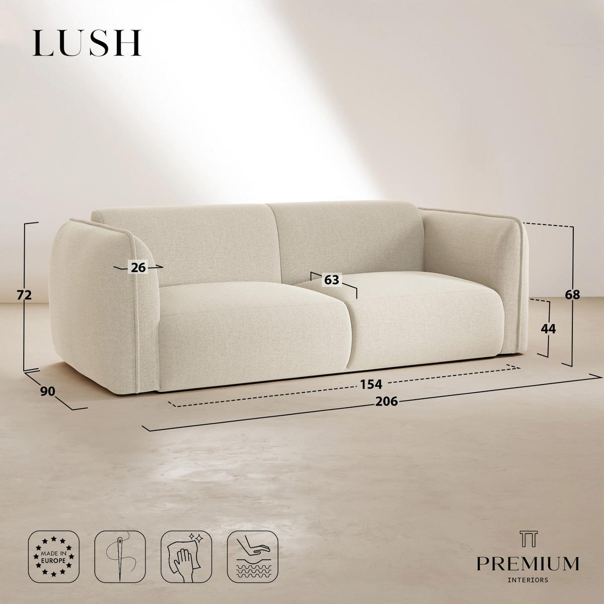 3-SITZER-SOFA LUSH Kettgewebe mit weichem Griff Beige 206cm - Beige, Textil (206/72.5/90cm) - Premium Interiors