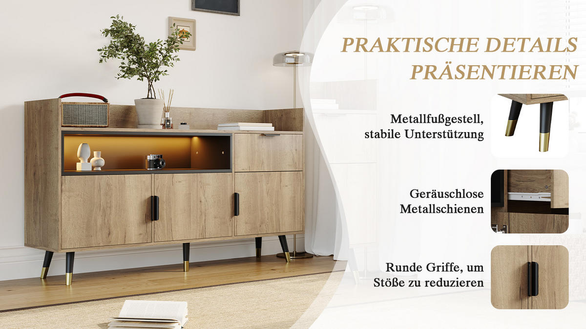 SIDEBOARD mit Schubladen, offenen Regalen und Schwingtüren - Naturfarben, Holzwerkstoff (160/82/35cm)